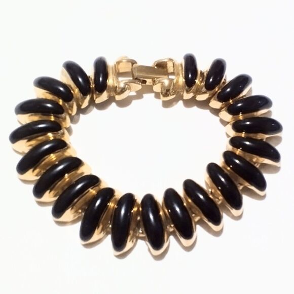 Vintage Erwin Pearl Gold Tone Black Enamel Chunky Link Bracelet - Picture 2 of 8